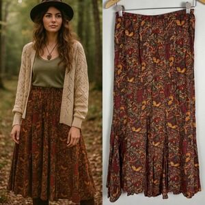 April Cornell Brown Floral Tiered Maxi Skirt Womens Sz XS Bohemian Boho Forrest